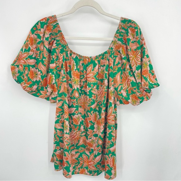NWT JODIFL green pink floral short puff sleeve top Sz M - Picture 4 of 8